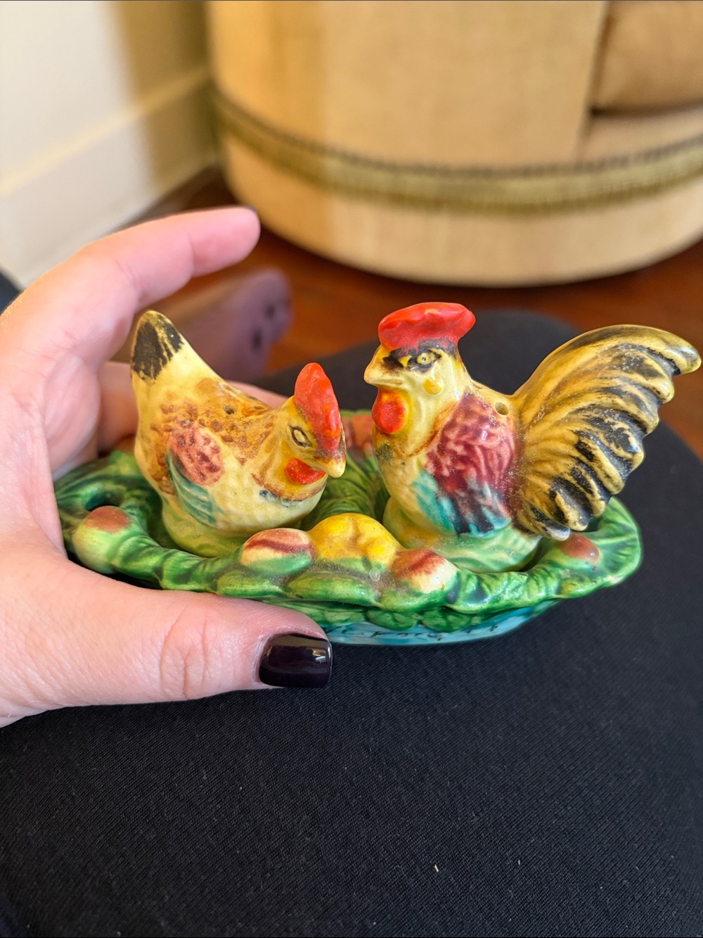 Vintage Ceramic Hen and Rooster salt and pepper shakers - Yellow and Green